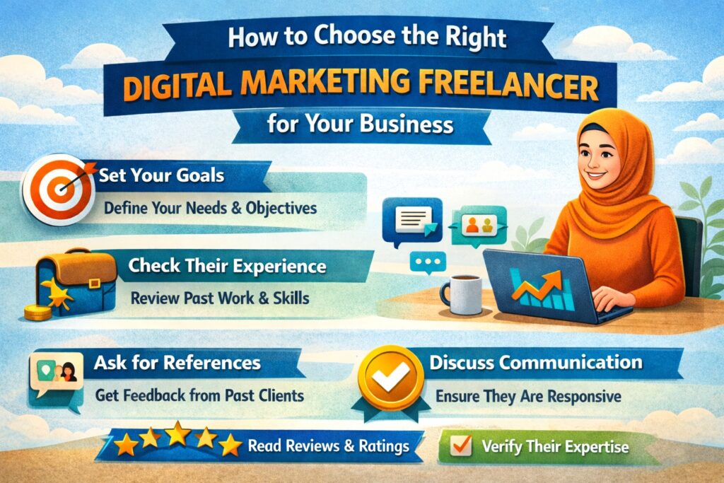 How to Choose the Right Digital Marketing Freelancer for Your Business infographic of a hijab wearing woman explaining how to choose a digital marketing freelancer for a business.
