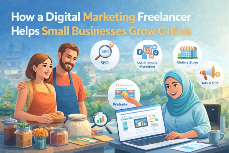 hijabi digital marketing freelancer using a laptop to help small business owners grow online through seo, social media, and advertising.