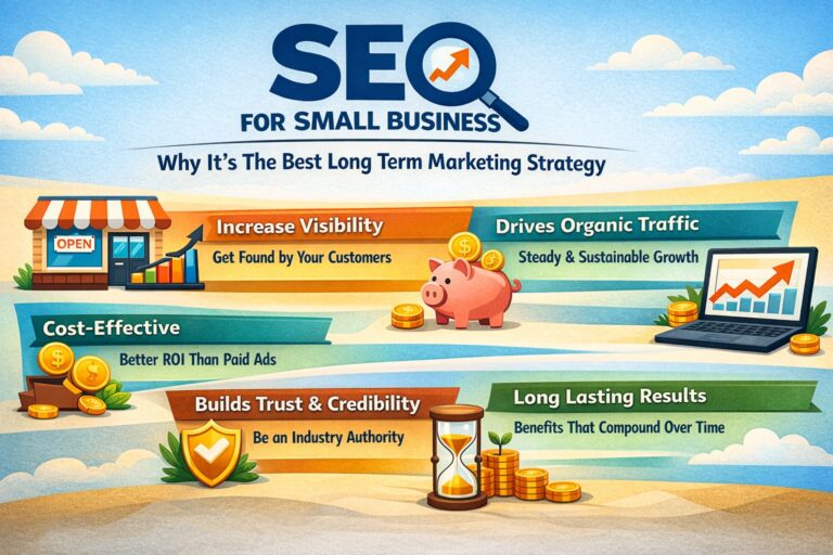 landscape infographic highlighting seo as the best long term marketing strategy for small businesses, featuring visibility, cost effectiveness, organic traffic, trust, and lasting results.
